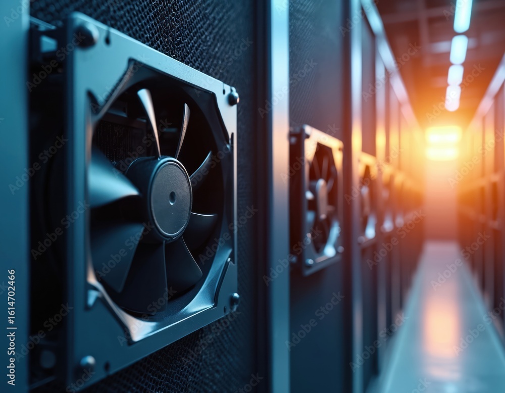 Poster rows of computer servers with cooling fans in data center. equipment operates in server room with br