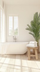 Bright bathroom interior with white tub, plant and wooden stool, bathed in sunlight from a window on a light wood floor.