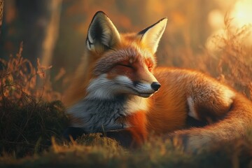 Obraz premium Red fox resting peacefully in the wild during early morning light, Red fox Vulpes vulpes A fox is resting in the wild