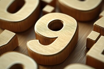 Bold wooden numbers representing various percentages displayed on a textured surface, numbers with percentages, the number 9 percent