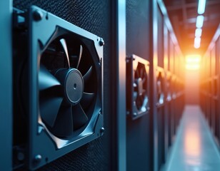 Rows of computer servers with cooling fans in data center. Equipment operates in server room with bright LED lighting. Technology infrastructure supports advanced data processing, cryptocurrency