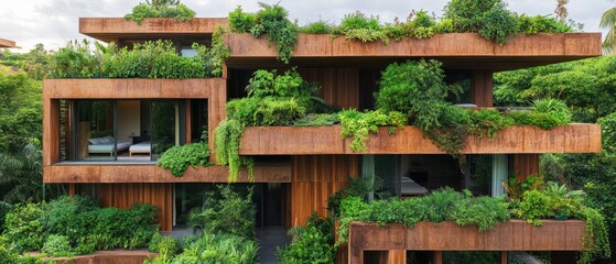 Modern Building Exterior with Green Plants. Urban Structure. Nature growing on facade. Open architecture in natural setting. Beautiful wooden framework covered by vegetation.