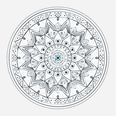 Naklejka premium Mandala-inspired tattoo vector pattern with intricate radial symmetry, thin line details, and spiritual geometric shapes