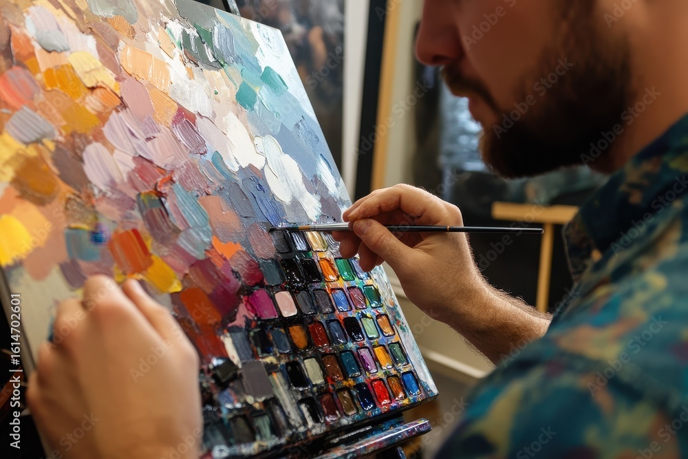 Poster creative process of a man using a graphic tablet to design with a color palette in a studio setting,