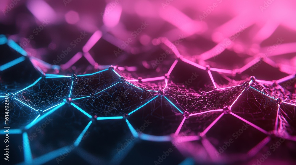 Poster connection abstract geometric web of interconnected hexagons, glowing in a neon blue futuristic styl