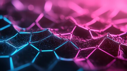 Obraz premium Connection Abstract geometric web of interconnected hexagons, glowing in a neon blue futuristic style
