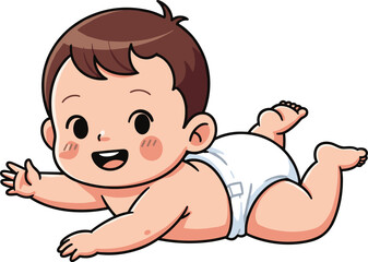 Cartoon baby crawling in diaper, cute child character smiling, playful infant illustration for parenting content, nursery decor, baby products