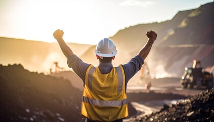 Mining industry worker celebrating success in an open-pit mine at sunrise with arms raised in victory