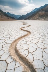 Dry lakebed path winds toward distant mountains. Cracked ground texture extends to the horizon under a partly cloudy sky.