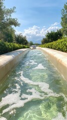 Water flows through a concrete channel in garden setting with trees, green plants under a blue sky and white puffy clouds and mountains in background