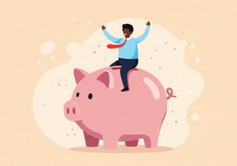 Man celebrates success riding a large pink piggy bank