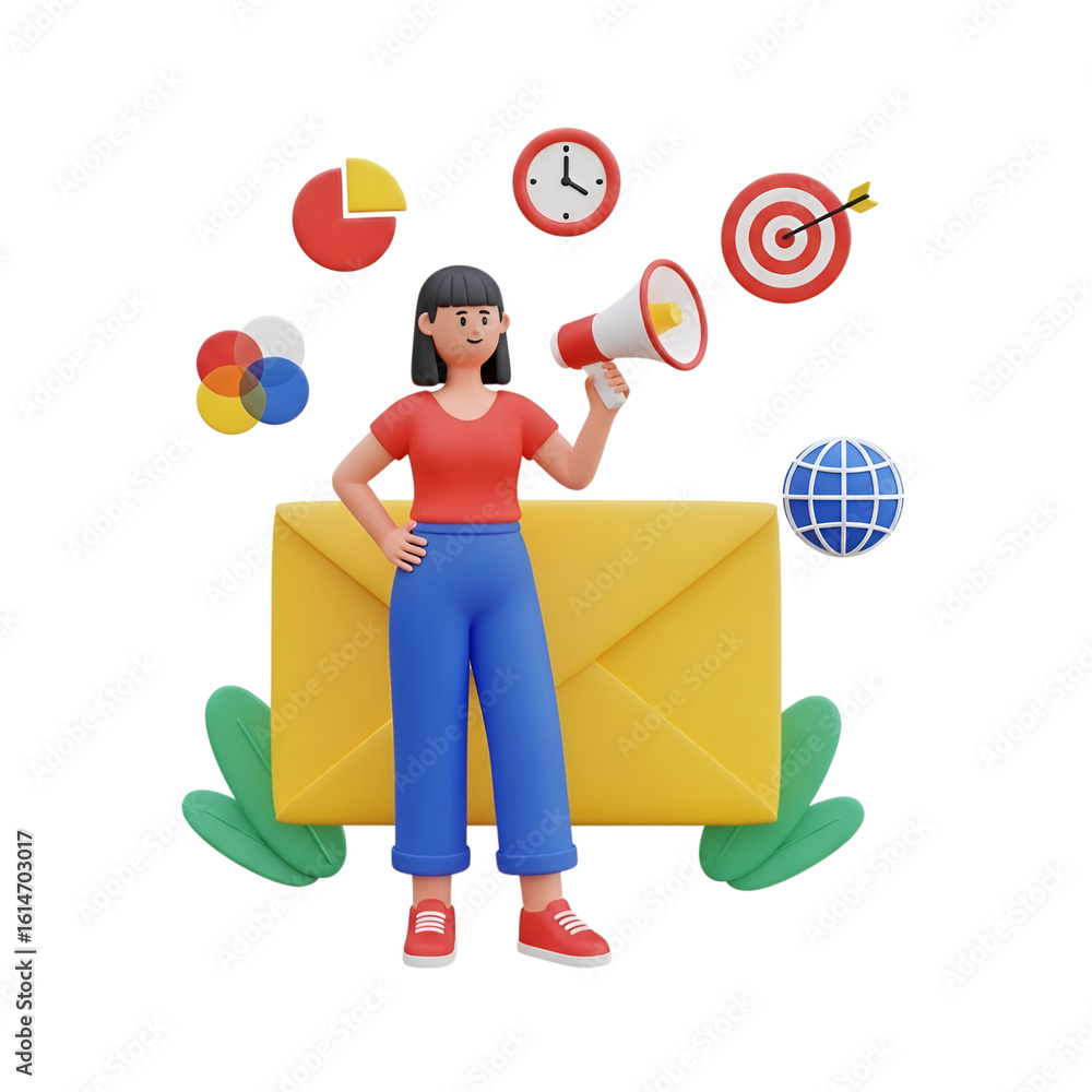 Poster 3d icon of a woman with a megaphone stands in front of a large envelope, surrounded by marketing and