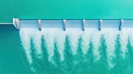 Water flows over concrete dam. Aerial view of turquoise water reservoir. White water cascading down. Energy and environment background.