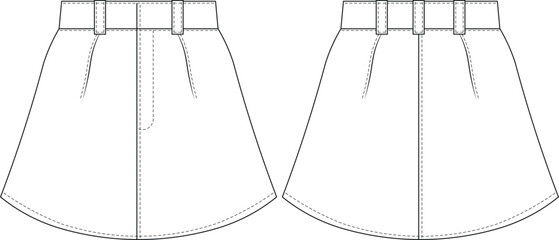 mid high rise waist darted tailored pleated mini short jean denim a line skirt template technical drawing flat sketch cad mockup fashion woman design style model 
