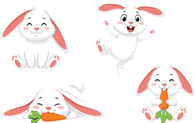 Cartoon bunnies with carrots, cute rabbit characters, playful animal illustration, perfect for kids' design, Easter theme, nursery art, clipart