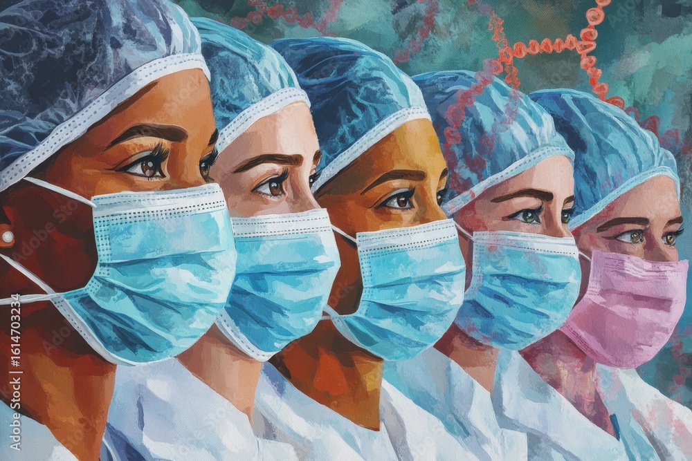 Poster surgeons focused on data processing with dna strand visualization in a clinical setting, data proces