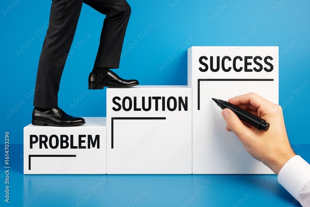 Poster businessman stepping up blocks labeled problem, solution, and success with hand drawing on final blo