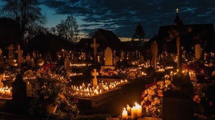 Nighttime cemetery scene illuminated with candles on All Souls' Day tradition