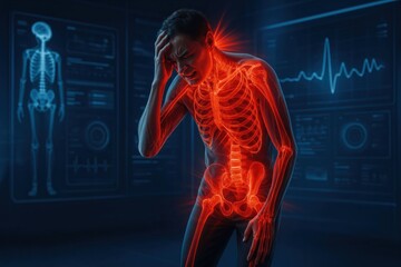 A man experiences intense pain with an illuminated skeleton revealing the source of his agony against a backdrop of medical technology and digital health diagnostics.