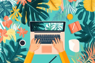 Creative designer working on a laptop with graphic tablet in a tropical environment, designer using a laptop and graphic tablet