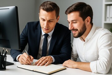 Professional business consultation with two men working at desk in office with light background and modern workspace setup.