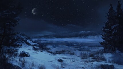 Enchanting winter night landscape with frozen lake and celestial glow