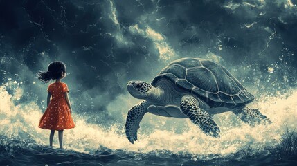 A girl and a turtle, against the backdrop of crashing waves, in a dreamlike world.