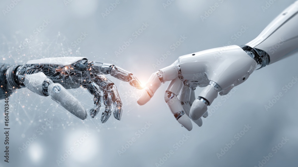 Poster two robotic hands are poised towards each other, emphasizing the theme of connection and interaction
