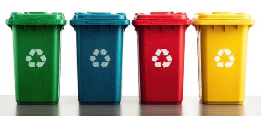 Four colored recycling bins