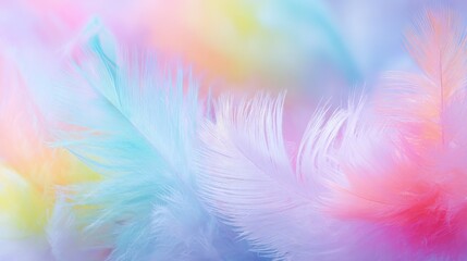Soft feathers in a mix of pastel colors rest against each other, creating a dreamy, ethereal background. Subtle hues of pink, blue, and yellow blend harmoniously, evoking calmness.