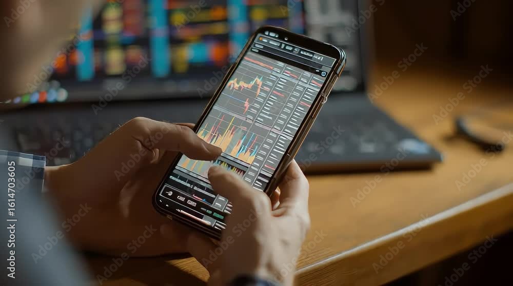 Aufkleber person using smartphone displaying stock market charts with laptop in the background on a table