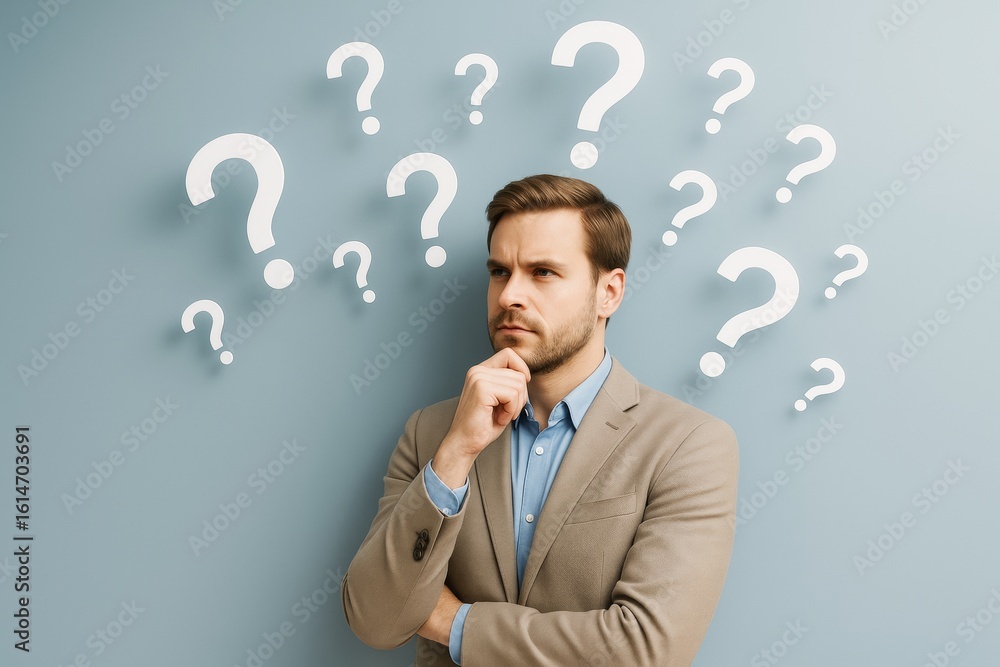 Poster thoughtful businessman with question marks on light blue background representing confusion or decisi