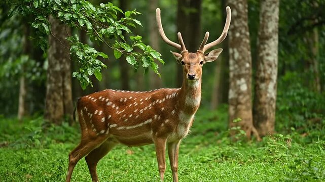 Spotted deer stands in lush forest looking directly at the camera