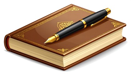 A book and pen resting on a white background