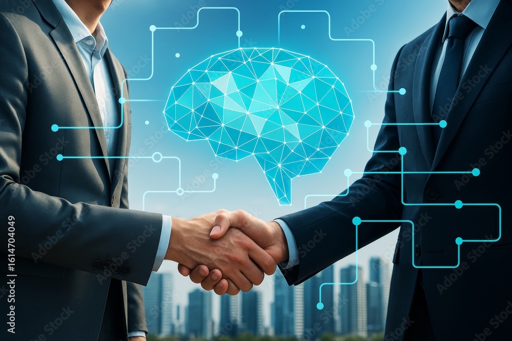 Poster businessmen shaking hands with digital brain network above symbolizing partnership in artificial int