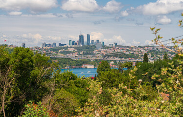 Istanbul, Turkey. View of downtown skyscrapers with the Fatih Sultan Mehmet Bridge over the Bosphorus in the foreground.