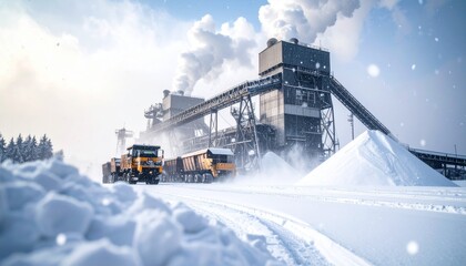 A large industrial mining complex with active machinery and smokestacks operating amidst a snowy winter landscape during a bright, cold day
