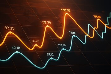 Colorful glowing financial chart with orange and blue lines on dark world map background showing market trends and data analytics in business concept.