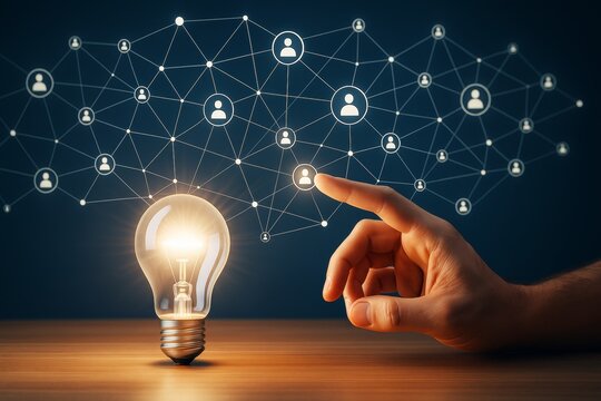 Hand touching digital network with glowing light bulb on wooden surface, symbolizing innovation and human connection in business concept background.