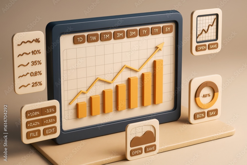 Poster business analytics dashboard with bar chart and growth indicators on beige background, showcasing da