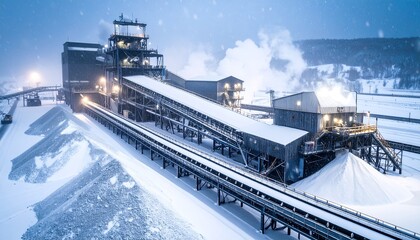 Vast industrial complex operates in heavy winter snowfall, its conveyor belts moving materials, demonstrating resilient cold weather processing capabilities.
