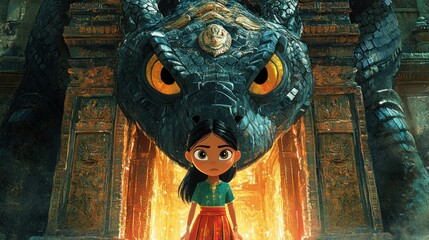 A girl and a snake guard the entrance to the temple together.