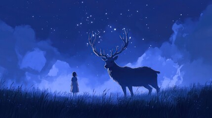 A girl walks next to a deer under a starry sky.