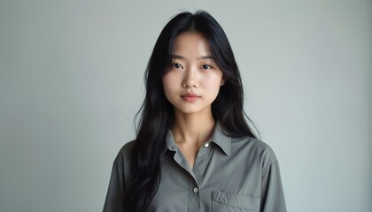 Portrait of young East Asian woman with long black hair, standing against plain white background. Wears casual gray shirt, smiles gently. Image provides ample copy space, suitable for advertising
