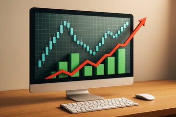 Business growth chart on desktop monitor with candlestick and bar graph on abstract grid background, symbolizing financial success and progress.