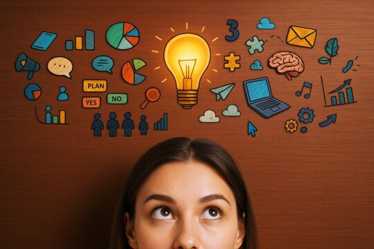 Woman looking up at colorful business concept icons and glowing light bulb symbolizing creativity and planning on wooden background. Ai generative.