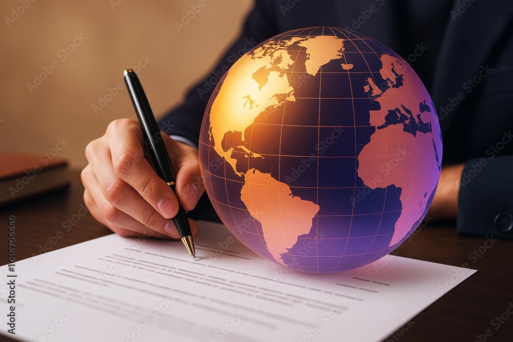 Poster businessman signing global contract with glowing digital globe hologram on desk in professional sett
