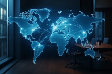 Glowing digital world map with global network connections over modern business office background, symbolizing creative international communication light concept.