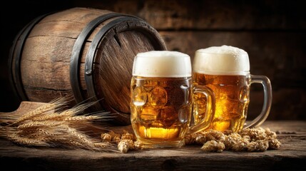 Two large mugs of golden craft beer sit on a rustic wooden table next to grains of barley and hops, creating a warm and inviting atmosphere. A nearby wooden barrel adds to the charm.