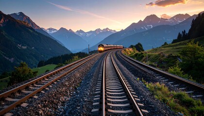 Scenic train journey through majestic mountains at sunset, a breathtaking travel experience